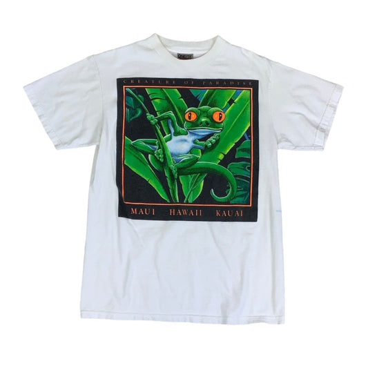 Vintage 90s 'Oneita Power-T' Pre-Shrunk White Gecko Maui Hawaii Kauai Graphic T-Shirt S
