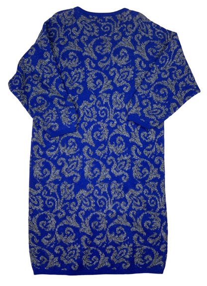 1980s Vintage Benetton Midi Nordic Blue Pattern Jumper Dress 16 18
