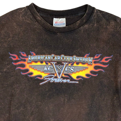 Vintage 90s 'American Car Club Sweden' Brown Acid Wash Graphic T-Shirt S
