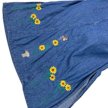 Y2K 90s 'Turn Around' Blue Denim Embroidered Sunflower Sleeveless Midi Dress M 16