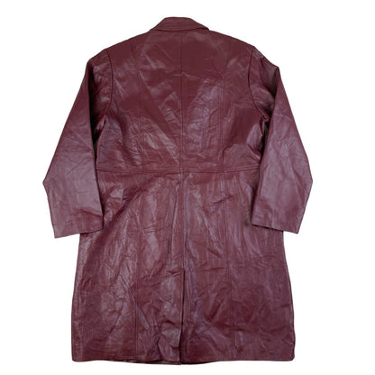 Vintage Burgundy Leather Double Breasted Long Coat 16 18