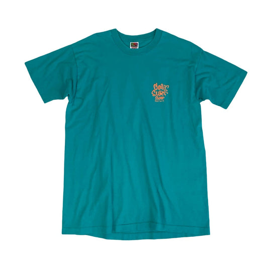 Vintage 90s 'Fruit of the Loom' Green Surf Graphic Short Sleeved Single Stitch T-Shirt M L