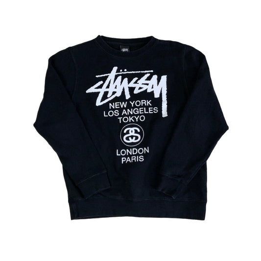 Vintage y2k 'Stüssy' Black Spell-Out Long Sleeved Graphic Sweatshirt M