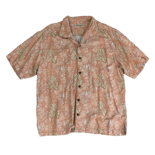 Vintage 'Tommy Bahama' Peach Pink White Hawaiian Floral Short Sleeved Shirt L XL