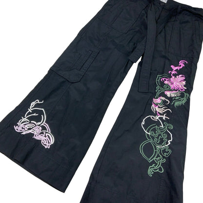 Vintage Y2K 90s Maxi Me Black Japanese Embroidered Cargo Joggers 36W 30L