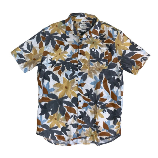 Vintage 'Quicksilver' Brown Blue Yellow White Hawaiian Floral Short Sleeved Surf Shirt L XL