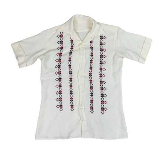 Vintage White Button Up Pattern Summer Shirt S M