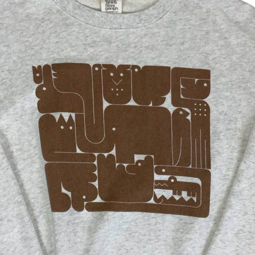 Vintage 90s 'Design T-Shirts Store Graniph' Wooden Animal Puzzle Brown Grey Graphic Sweatshirt