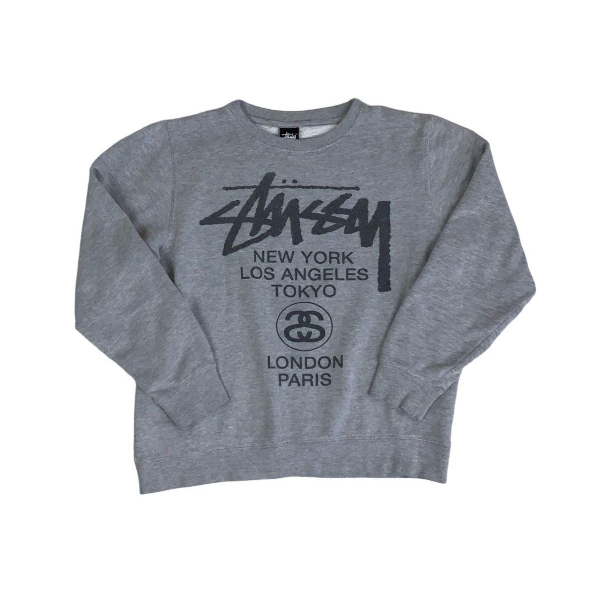 Vintage y2k Stüssy Grey Spell-Out Long Sleeved Sweatshirt M L