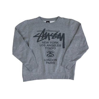 Vintage y2k Stüssy Grey Spell-Out Long Sleeved Sweatshirt M L