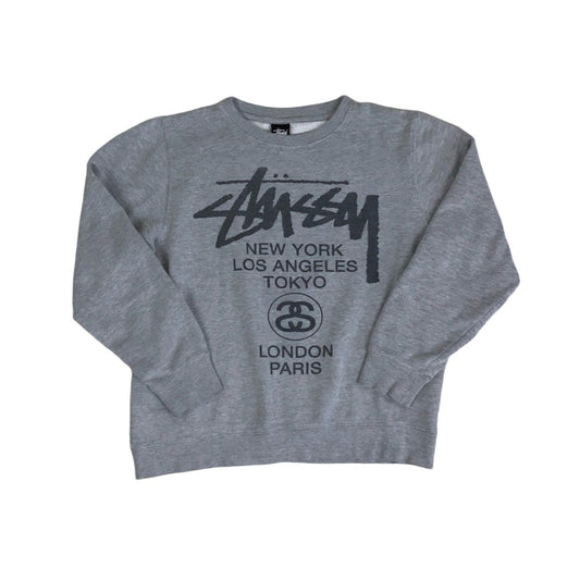 Vintage y2k Stüssy Grey Spell-Out Long Sleeved Sweatshirt M L