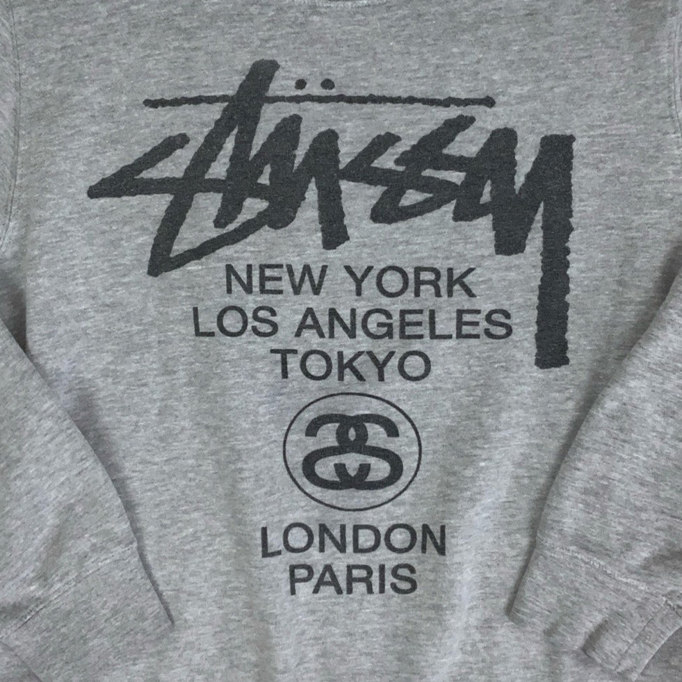 Vintage y2k Stüssy Grey Spell-Out Long Sleeved Sweatshirt M L