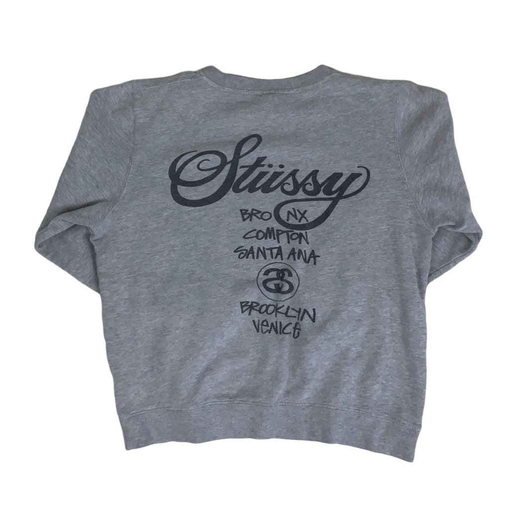 Vintage y2k Stüssy Grey Spell-Out Long Sleeved Sweatshirt M L