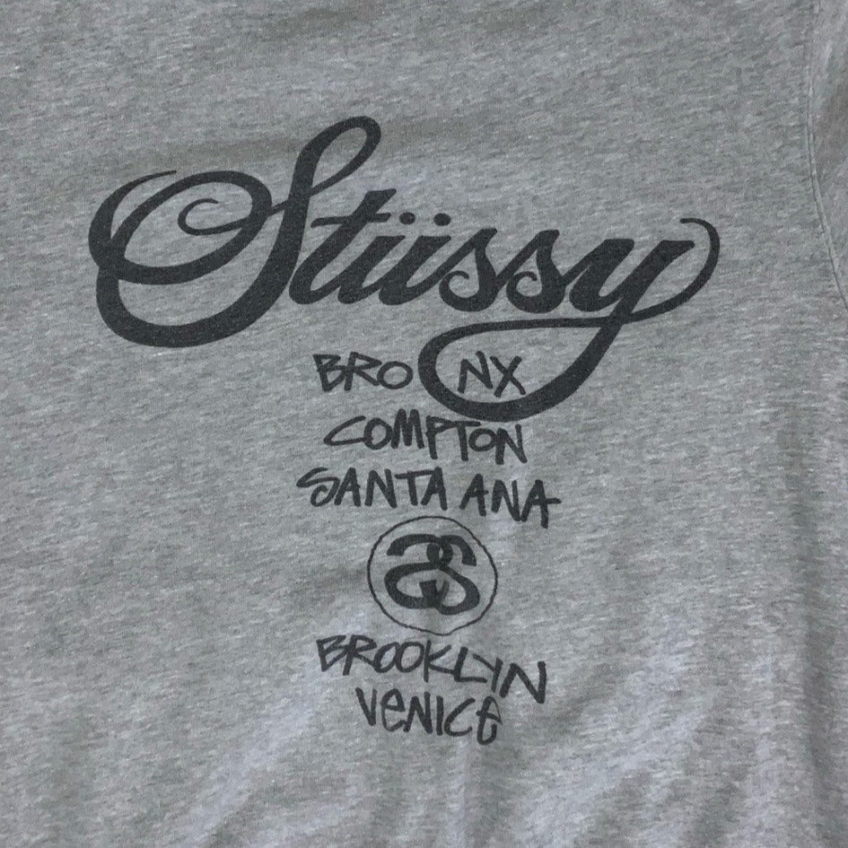 Vintage y2k Stüssy Grey Spell-Out Long Sleeved Sweatshirt M L