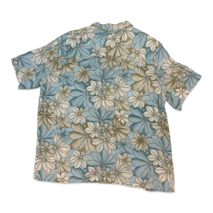 80s Blue & Beige Floral Hawaiian Shirt 14 16
