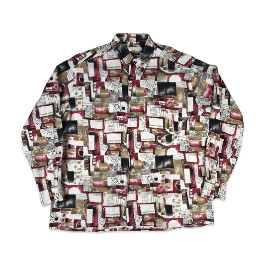 Vintage 80s Crazy Print Red and White Shirt XL