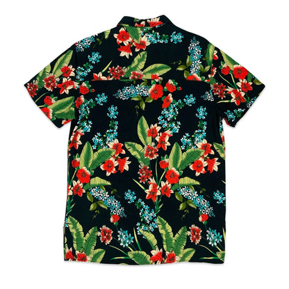 80s Black Floral Shirt M