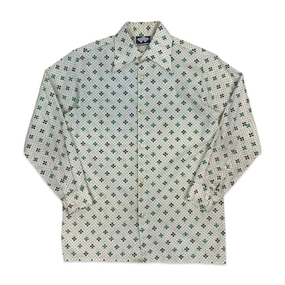 70s Cream Black & Green Geometric Print Shirt XS S