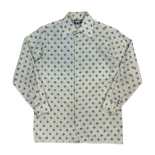 70s Cream Black & Green Geometric Print Shirt XS S