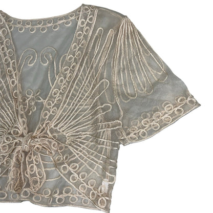 Vintage Y2K Cream Floral Embroidered Crop Tie-Top Bolero Blouse 6 8 XS