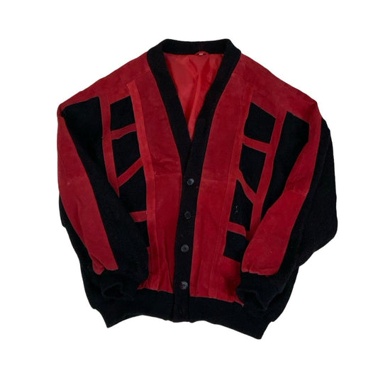 Vintage 80s Red Black Patchwork Suede Cardigan 16 18 L