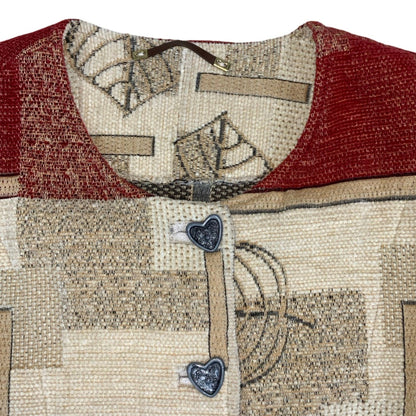 Vintage 80s 90s Red Cream Tapestry Folk Wool Coat Heart Butttons 14 16 18