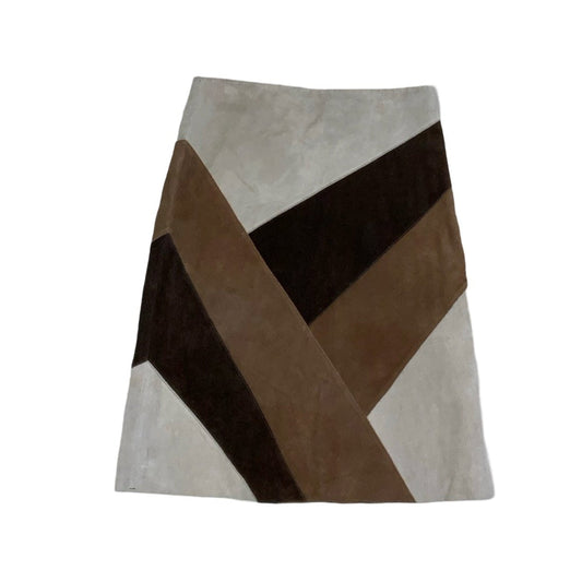 Vintage 90s Y2k ‘New Look’ Cream Brown Beige Boho Patchwork Suede Leather Midi Skirt 12 14