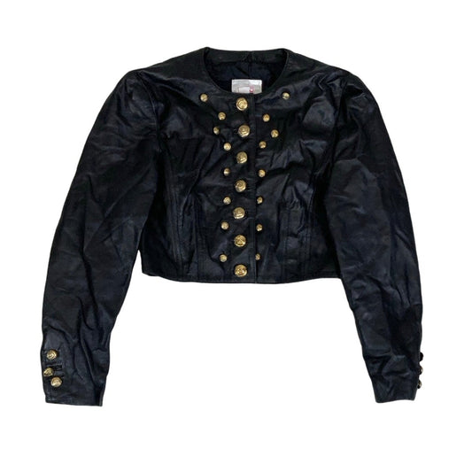 Vintage 80s 90s ‘Mondi’ Black Gold Beaded Crop Leather Jacket 10 12