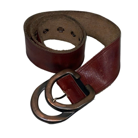 Vintage 90s 00s Thick Red Burgundy Leather Double D-ring Buckle Belt