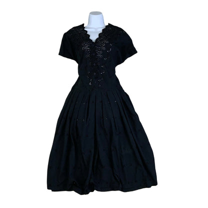 Vintage Black Floral Cut Out Midi Cocktail Occasion Dress 12 14