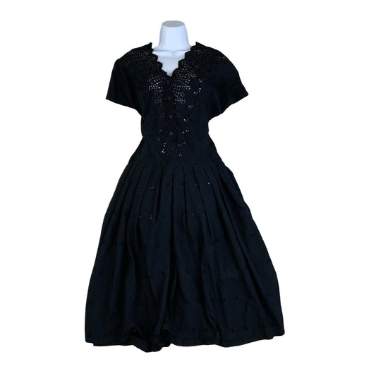Vintage Black Floral Cut Out Midi Cocktail Occasion Dress 12 14