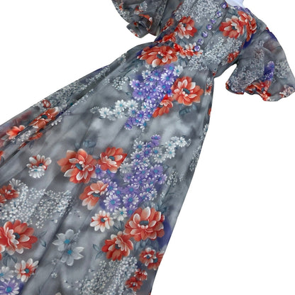 Vintage 70s Grey Purple Orange Floral Aline Maxi Dress 12 14