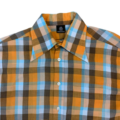 70s Orange & Blue Gingham Dagger Collar Shirt L