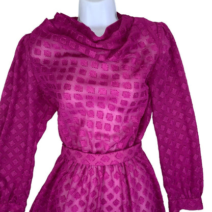 Vintage 70s 80s Pink Textured Diamond Cowl Neck Drop Waist Midi Dress 10 12