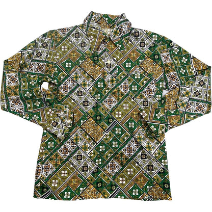 VTG 1970S BIG COLLAR MENS POLY SMOCK SHIRT GEOMETRIC PSYCHEDELIC PRINT 38” (36)