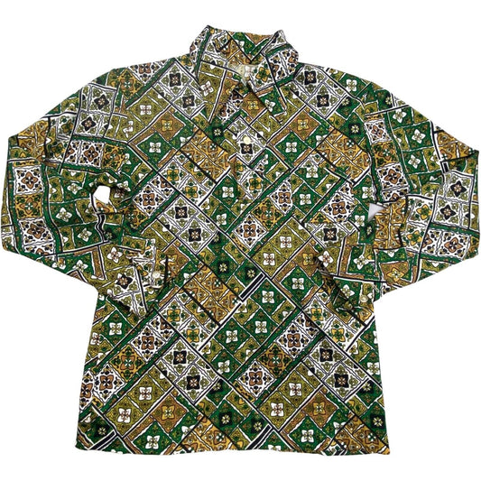 VTG 1970S BIG COLLAR MENS POLY SMOCK SHIRT GEOMETRIC PSYCHEDELIC PRINT 38” (36)