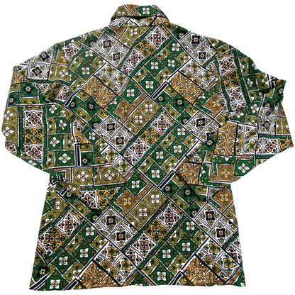 VTG 1970S BIG COLLAR MENS POLY SMOCK SHIRT GEOMETRIC PSYCHEDELIC PRINT 38” (36)