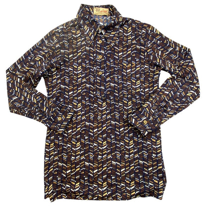 VTG 1970S BIG COLLAR MENS POLY SMOCK SHIRT GEOMETRIC PSYCHEDELIC PRINT 38” (36)