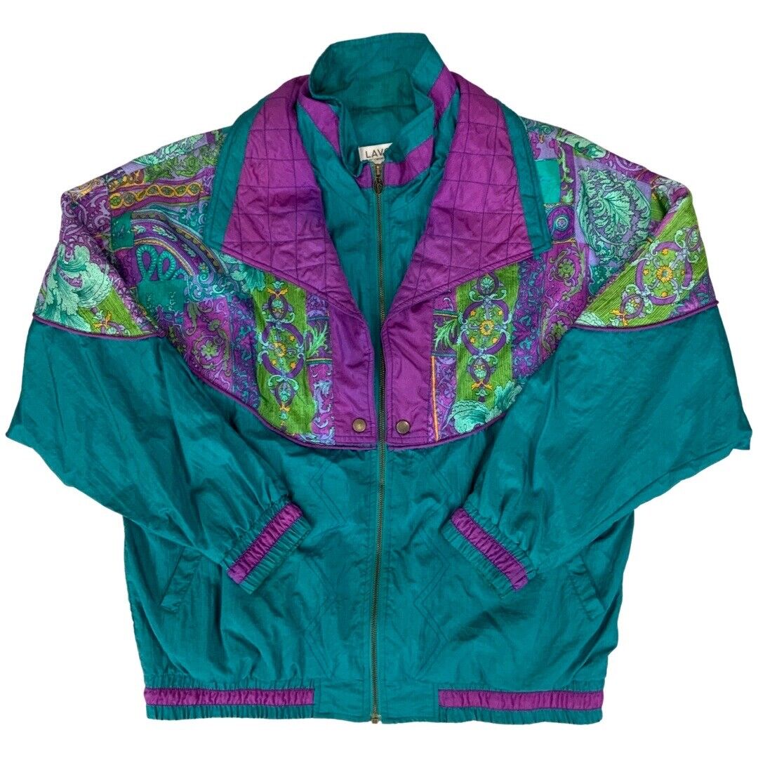 Vintage 80s90s Green Purple Lavon Baroque Floral Print Shell Bomber Jacket XXL