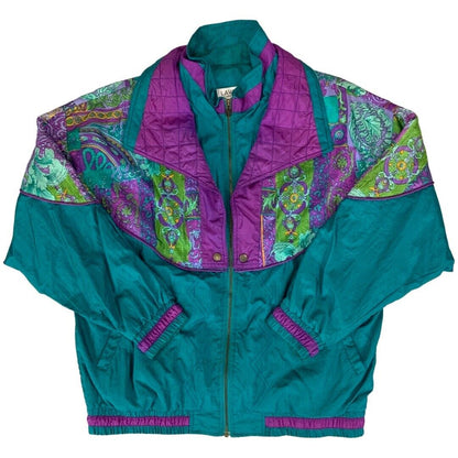 Vintage 80s90s Green Purple Lavon Baroque Floral Print Shell Bomber Jacket XXL