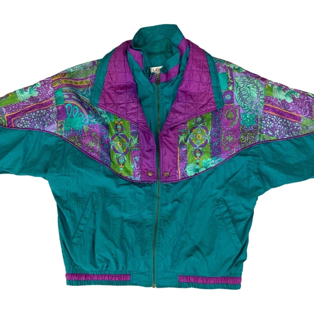 Vintage 80s90s Green Purple Lavon Baroque Floral Print Shell Bomber Jacket XXL