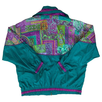 Vintage 80s90s Green Purple Lavon Baroque Floral Print Shell Bomber Jacket XXL