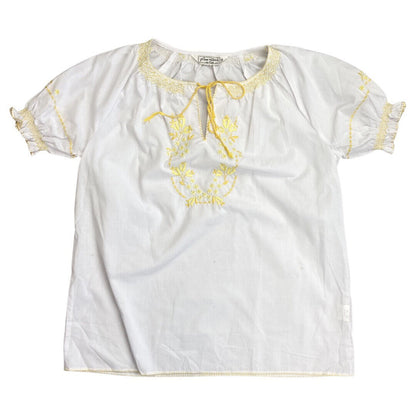 Vintage 90s00s WhiteYellow Embroidered Floral Motif Tunic Smock Blouse Top M/L