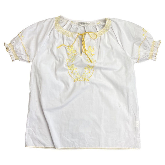 Vintage 90s00s WhiteYellow Embroidered Floral Motif Tunic Smock Blouse Top M/L