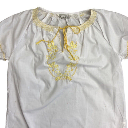 Vintage 90s00s WhiteYellow Embroidered Floral Motif Tunic Smock Blouse Top M/L