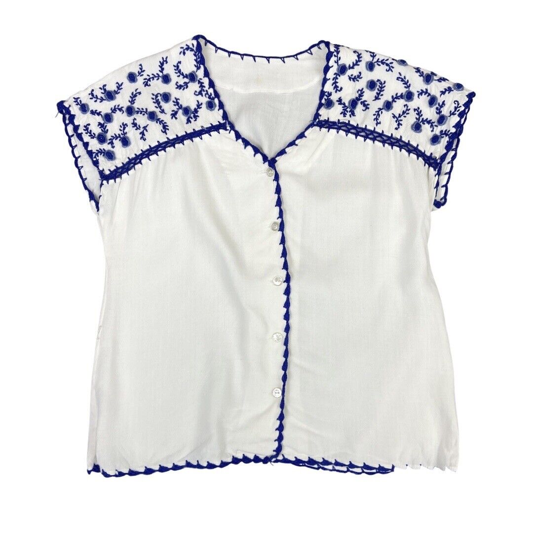 Vintage 80s White Blue Embroidered Floral Boho Blouse Top 12 14 M