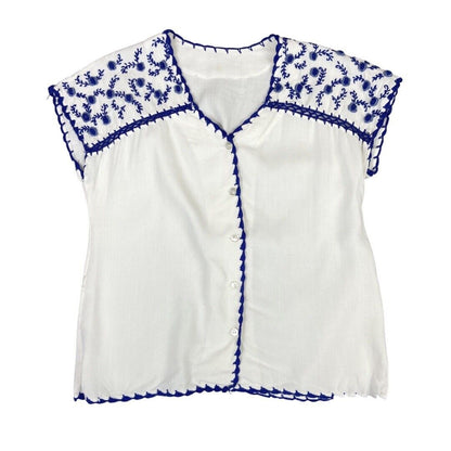 Vintage 80s White Blue Embroidered Floral Boho Blouse Top 12 14 M