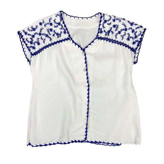 Vintage 80s White Blue Embroidered Floral Boho Blouse Top 12 14 M