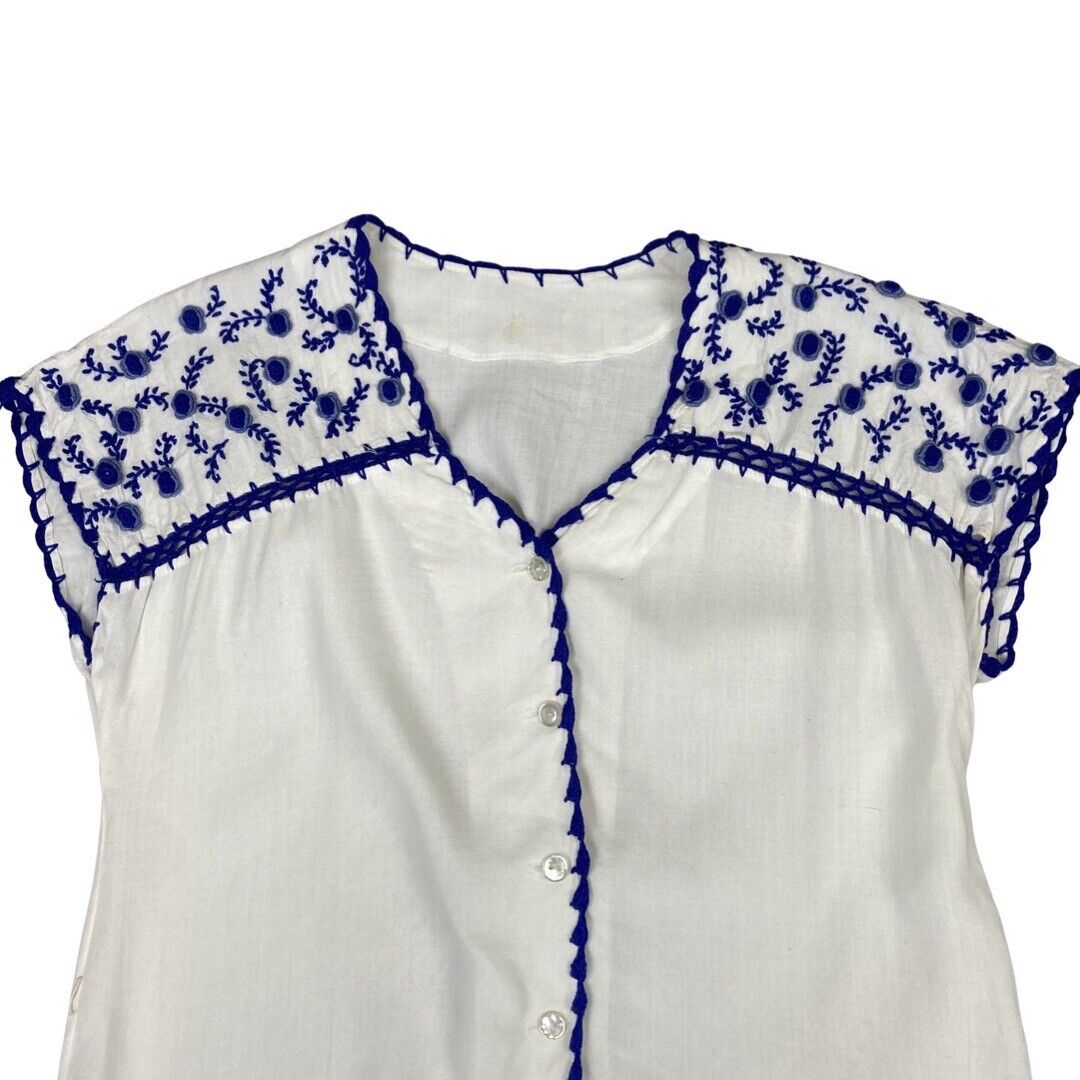Vintage 80s White Blue Embroidered Floral Boho Blouse Top 12 14 M