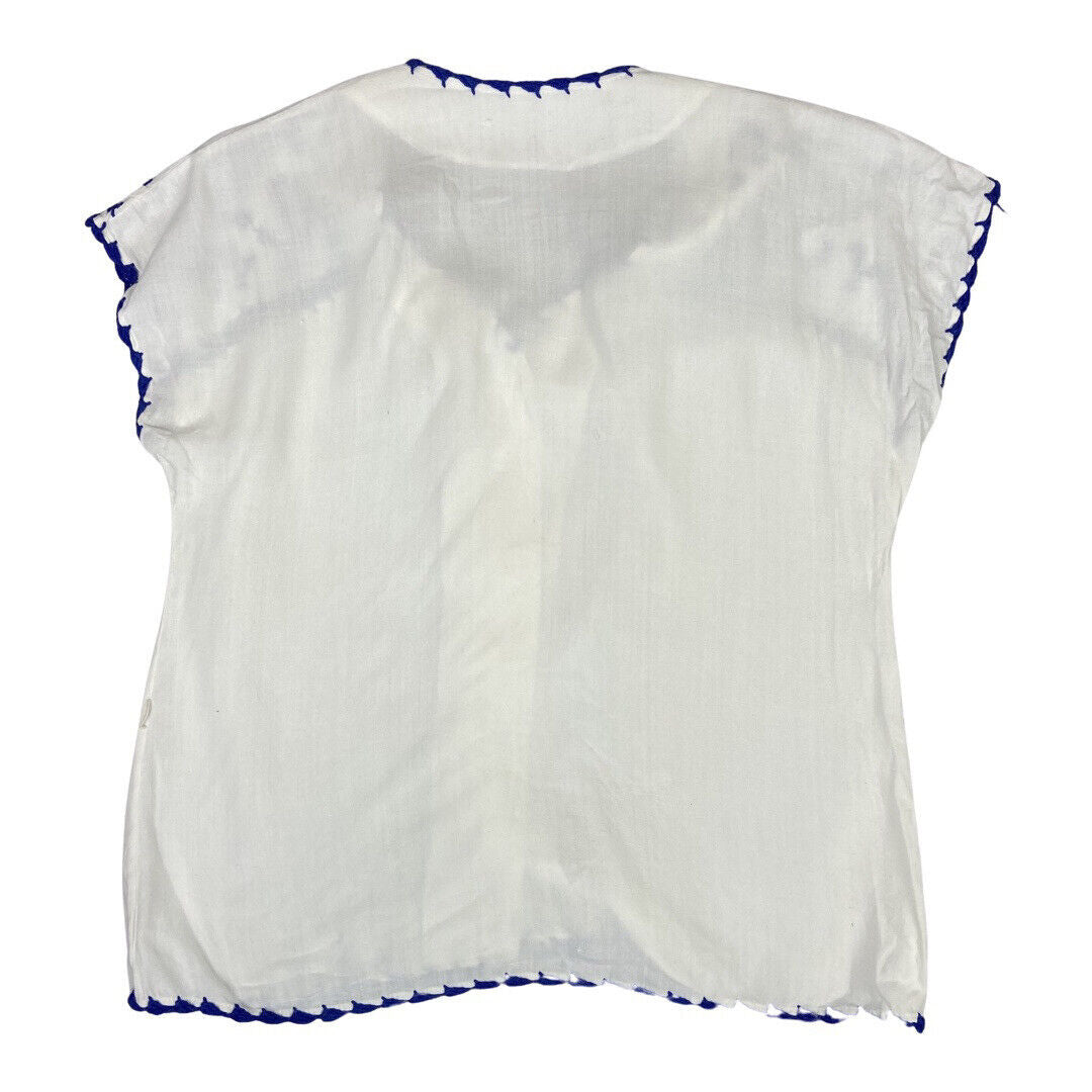 Vintage 80s White Blue Embroidered Floral Boho Blouse Top 12 14 M